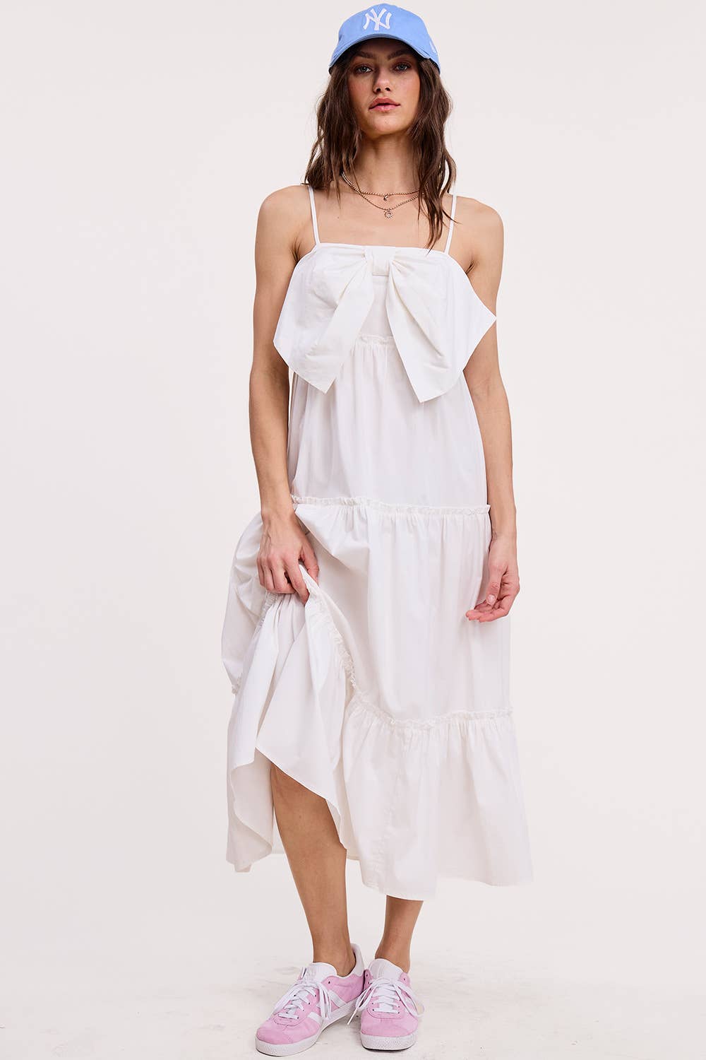 Front Bow Detail Poplin Midi Dress