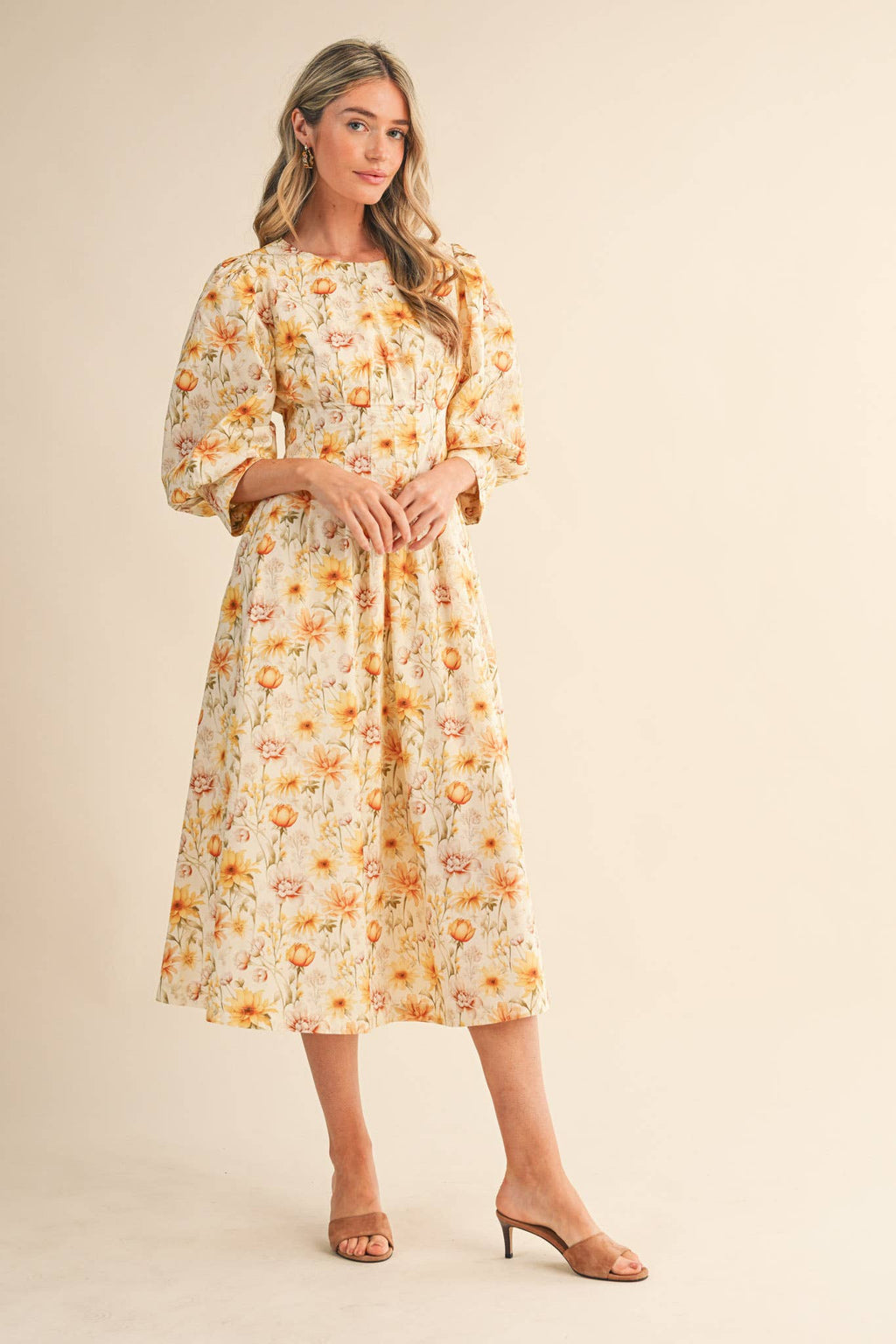 FLORAL PRINT PLEATED WAIST MIDI DRESS MDR4477