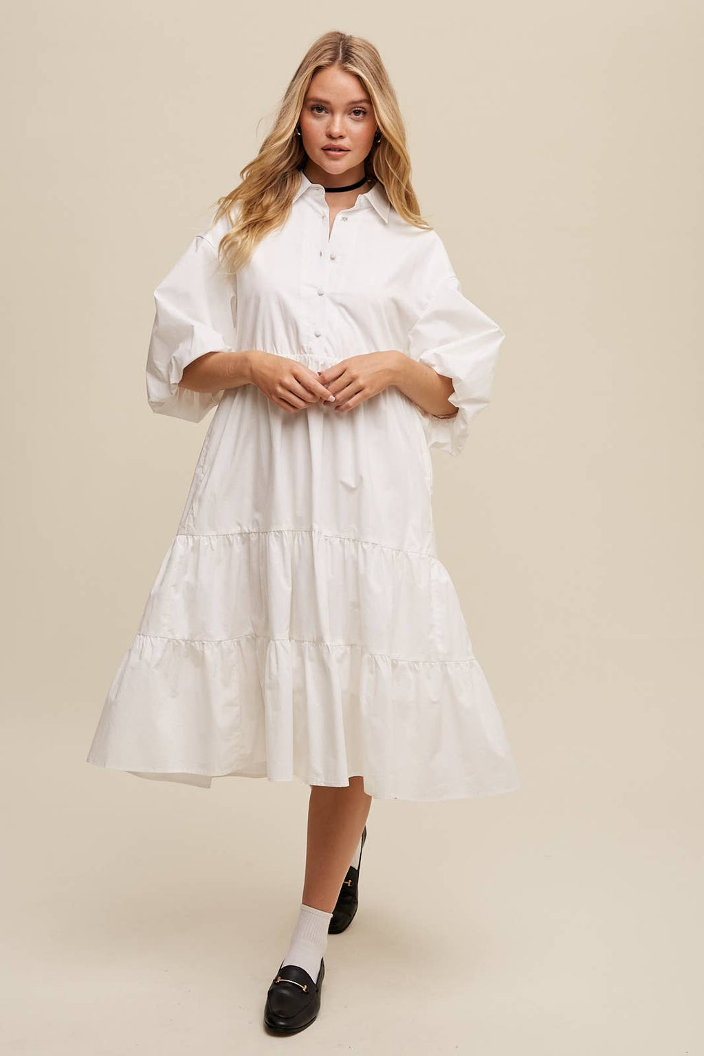 Tiered Poplin Shirt Dress