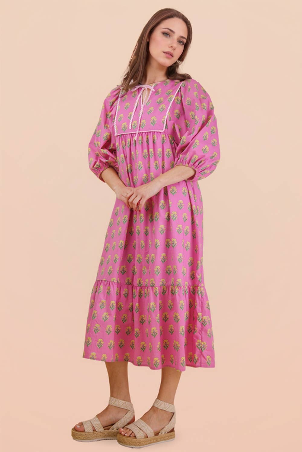 ND32007-Printed Half Sleeve Midi Dress