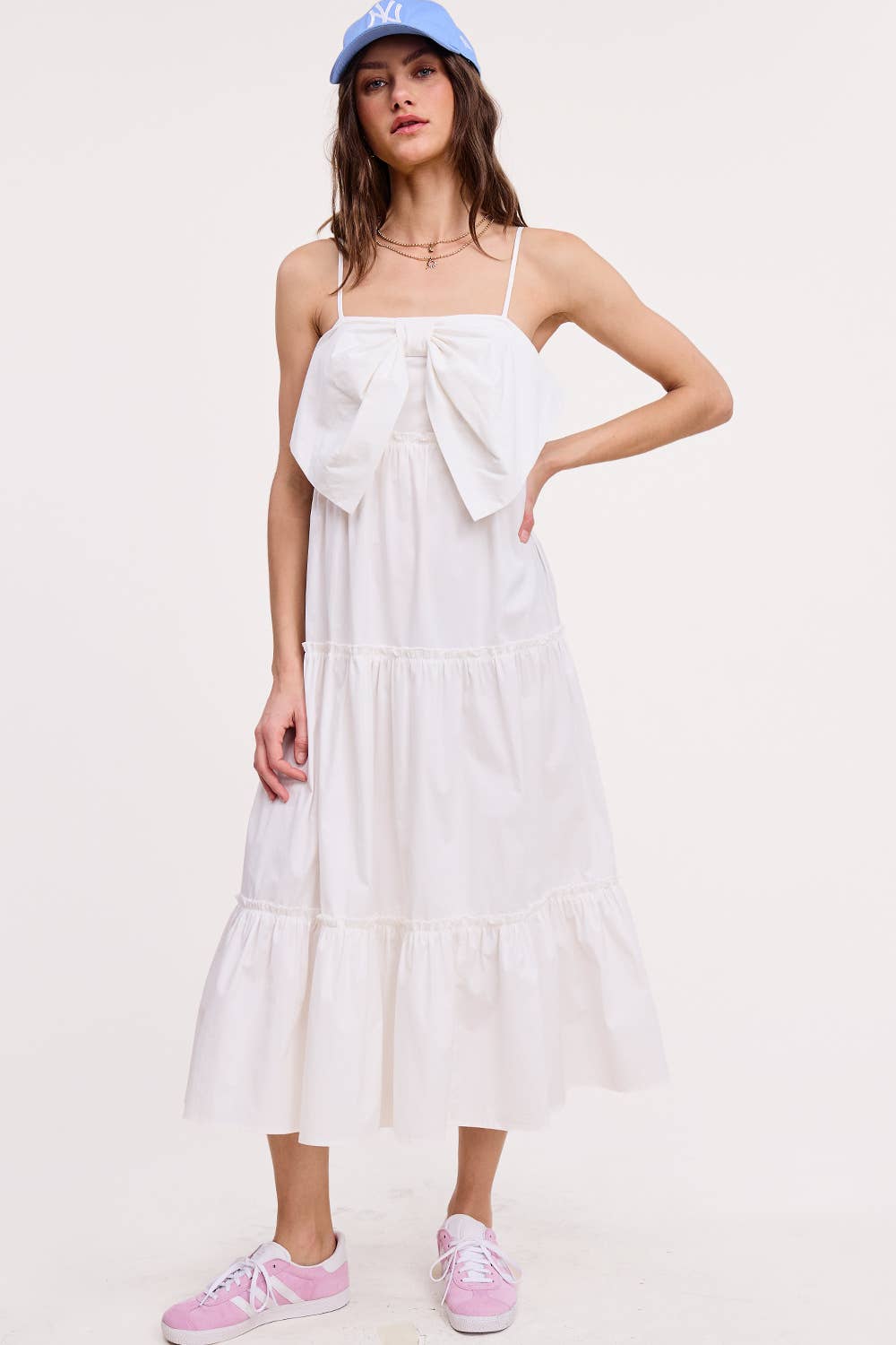 Front Bow Detail Poplin Midi Dress