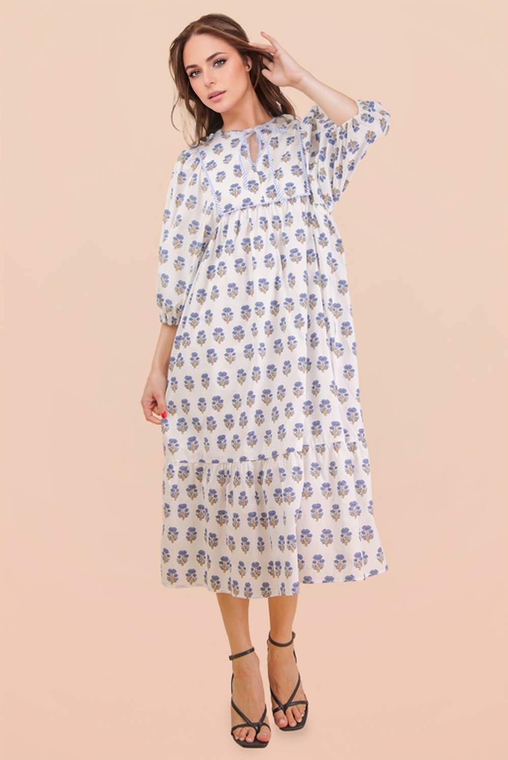 ND32007-Printed Half Sleeve Midi Dress