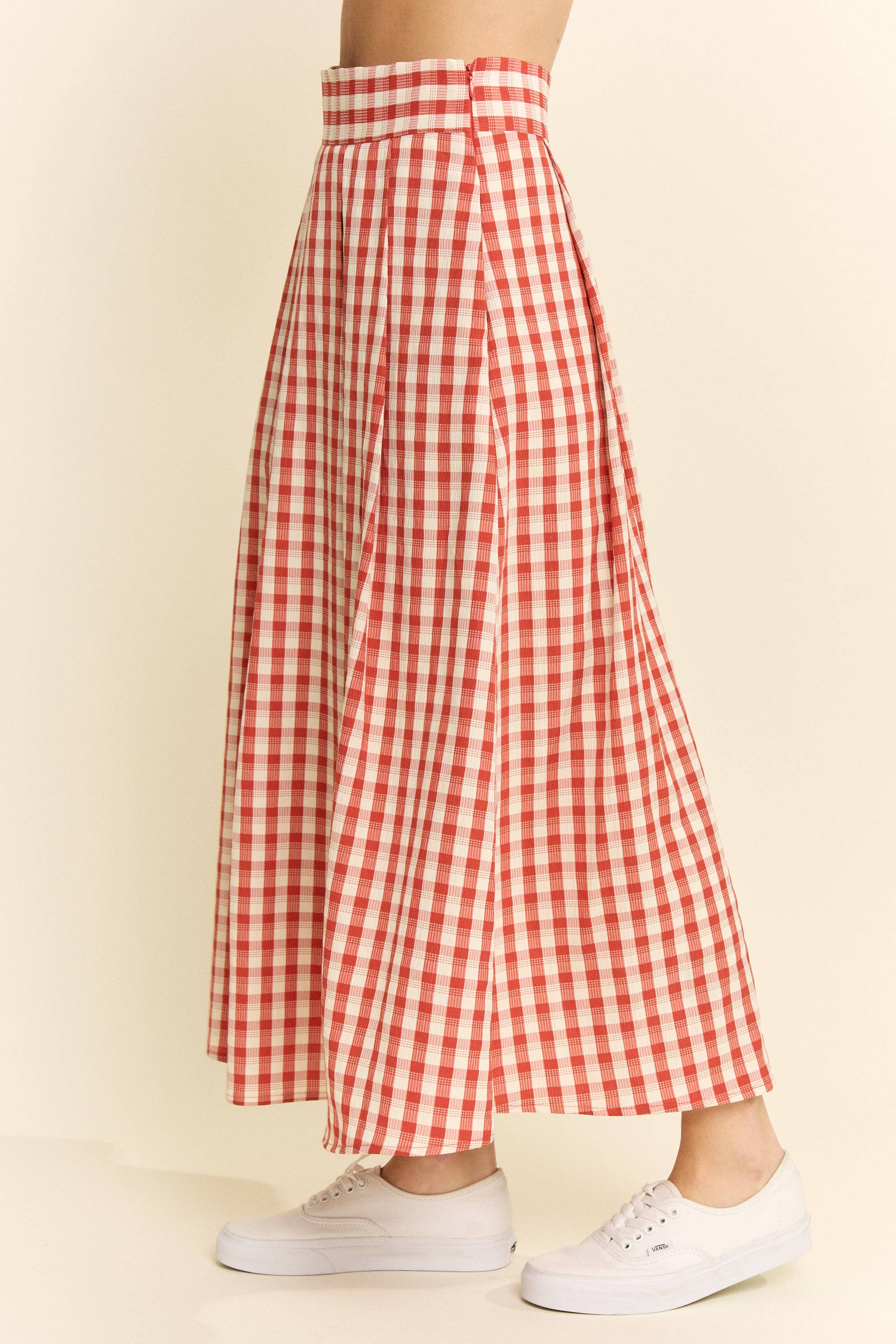 GINGHAM CHECK PLEATED MIDI SKIRT