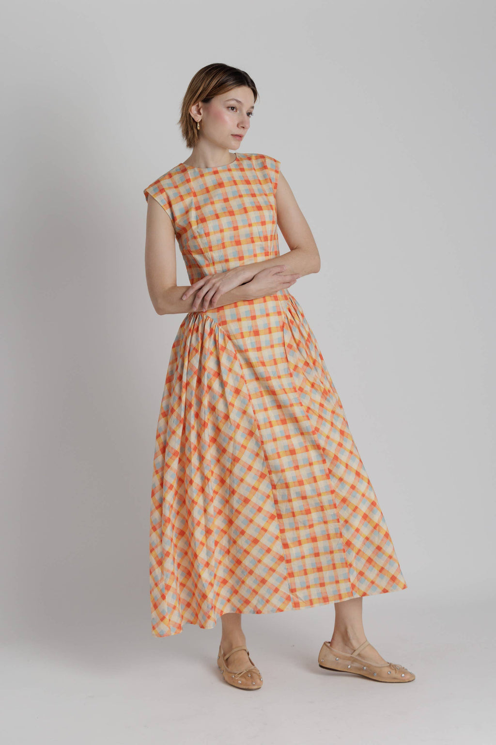 BASQUE WAIST PLAID MIDI DRESS