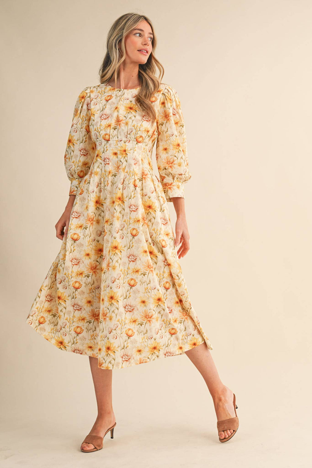 FLORAL PRINT PLEATED WAIST MIDI DRESS MDR4477