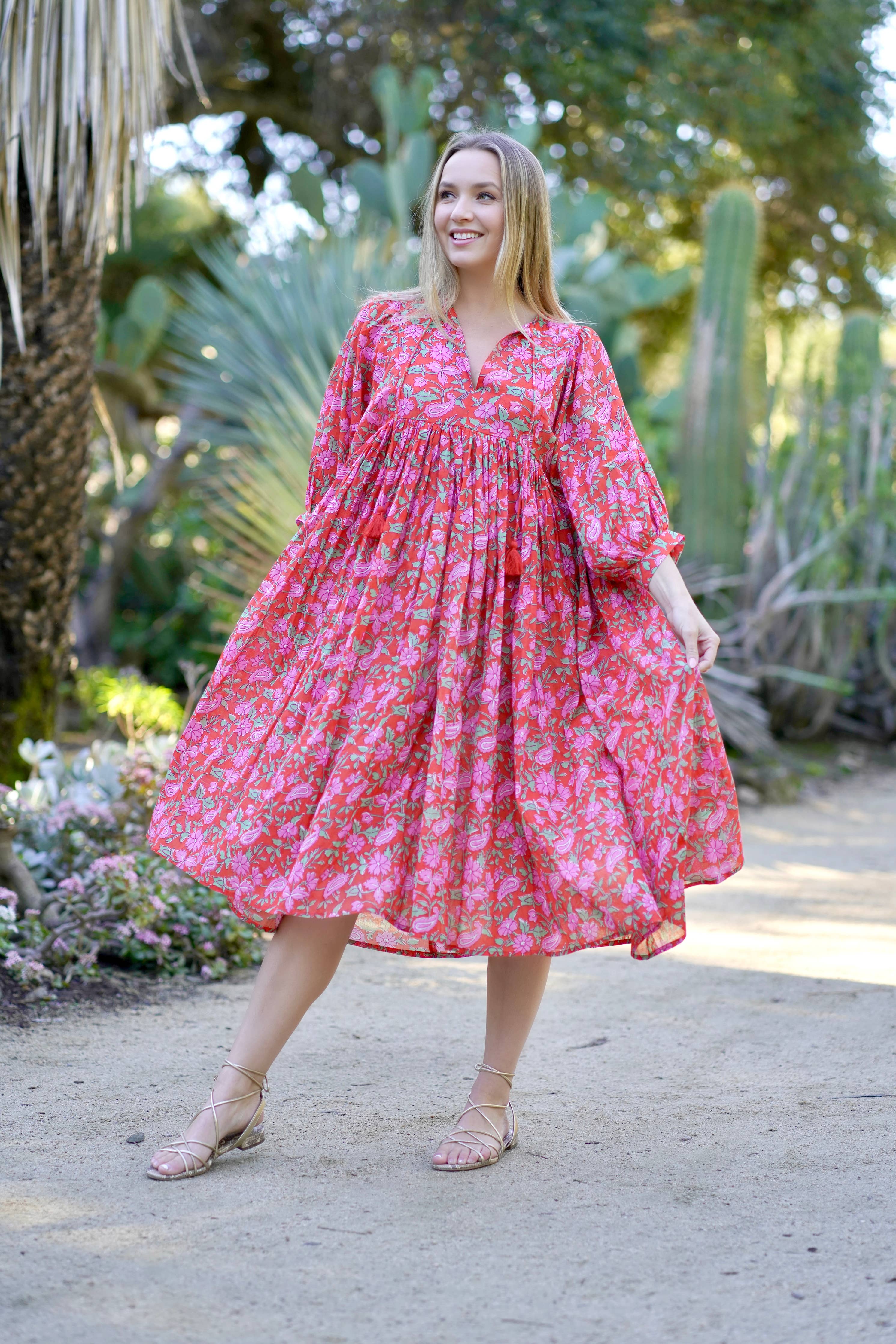 Mylah Midi Dress Block Printed Coral Multi