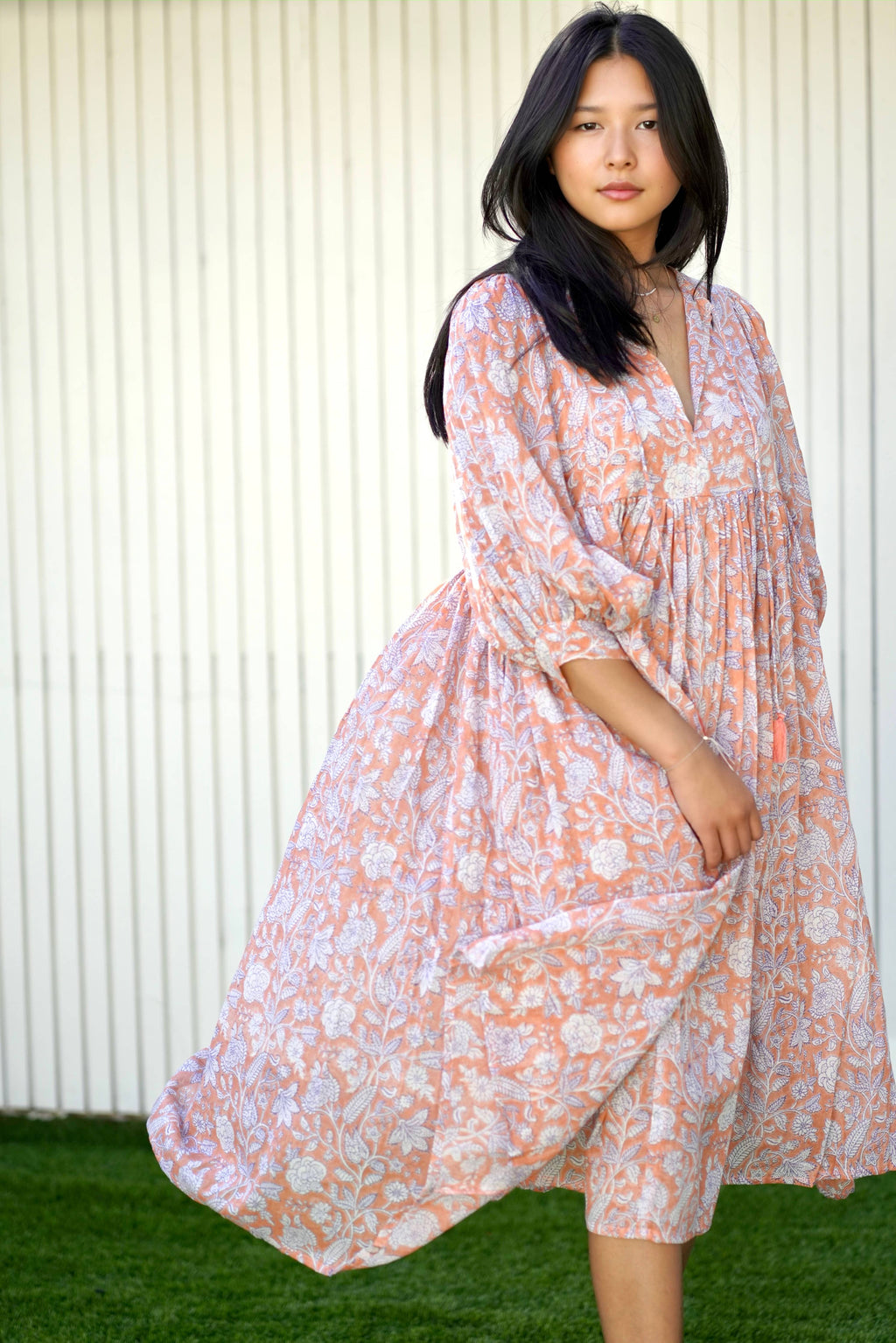 Mylah Midi Dress Block Printed Coral (Apricot)