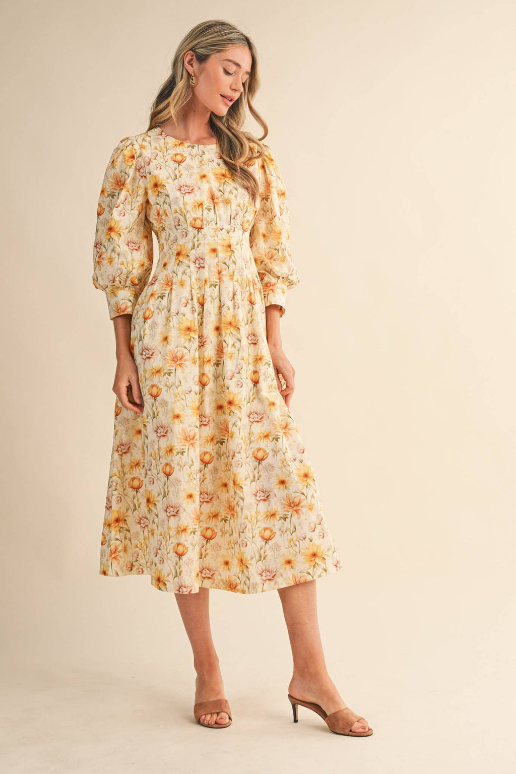 FLORAL PRINT PLEATED WAIST MIDI DRESS MDR4477