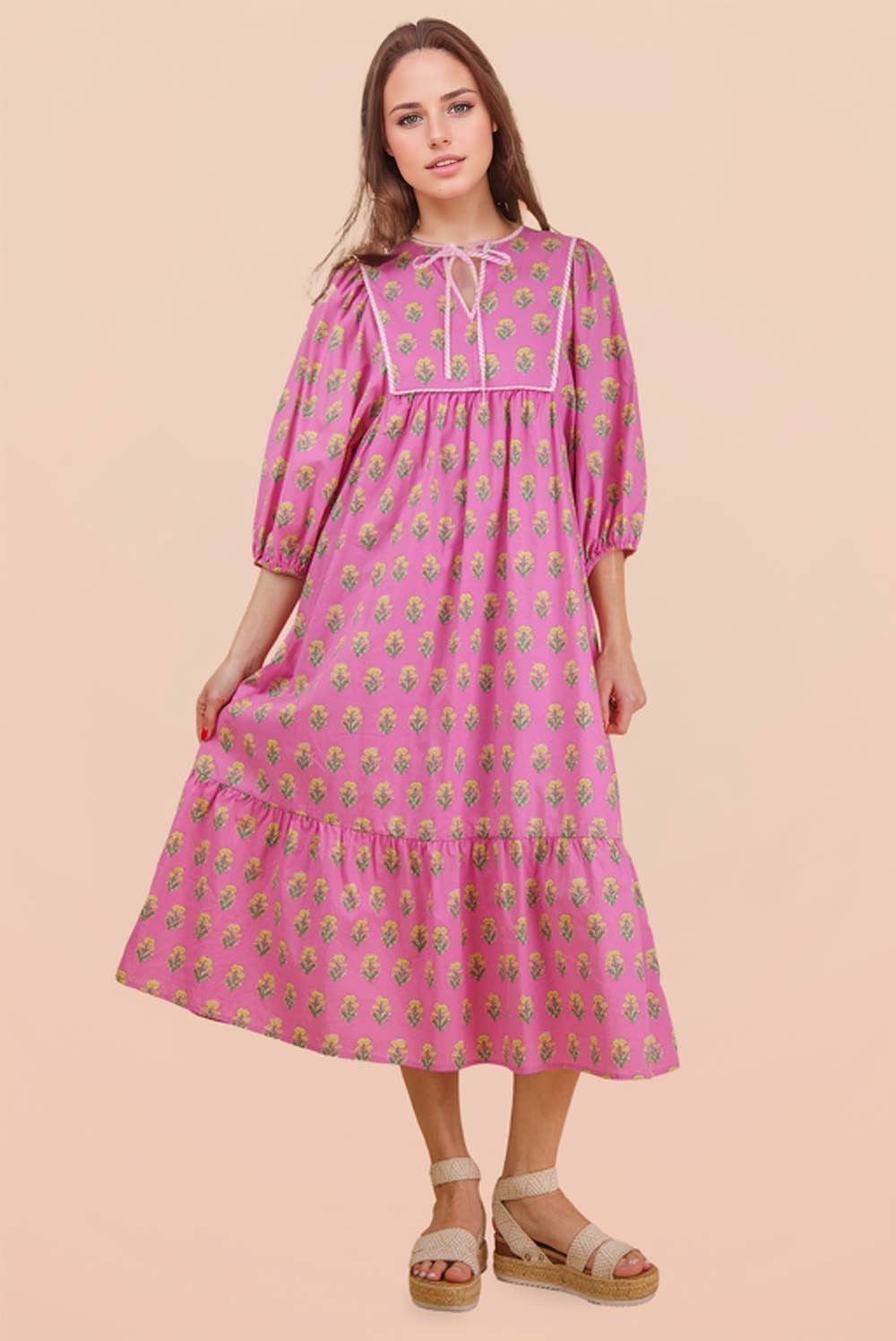 ND32007-Printed Half Sleeve Midi Dress