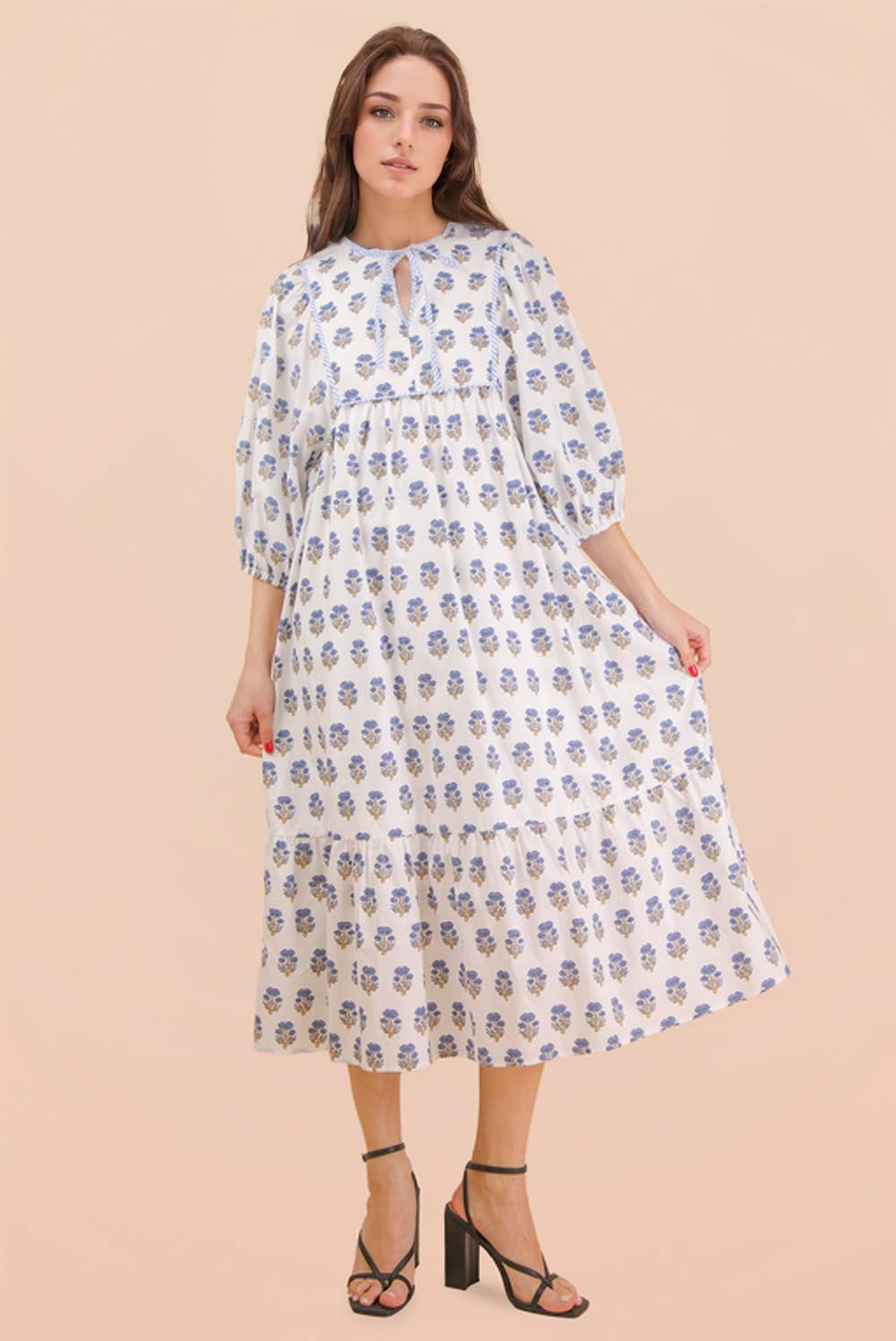 ND32007-Printed Half Sleeve Midi Dress