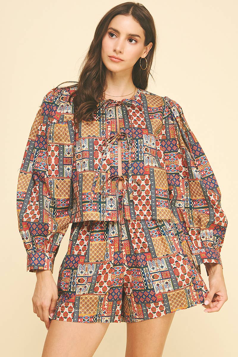 PATCHWORK PRINT TIE-DETAILED BLOUSE TOP - 6785TA