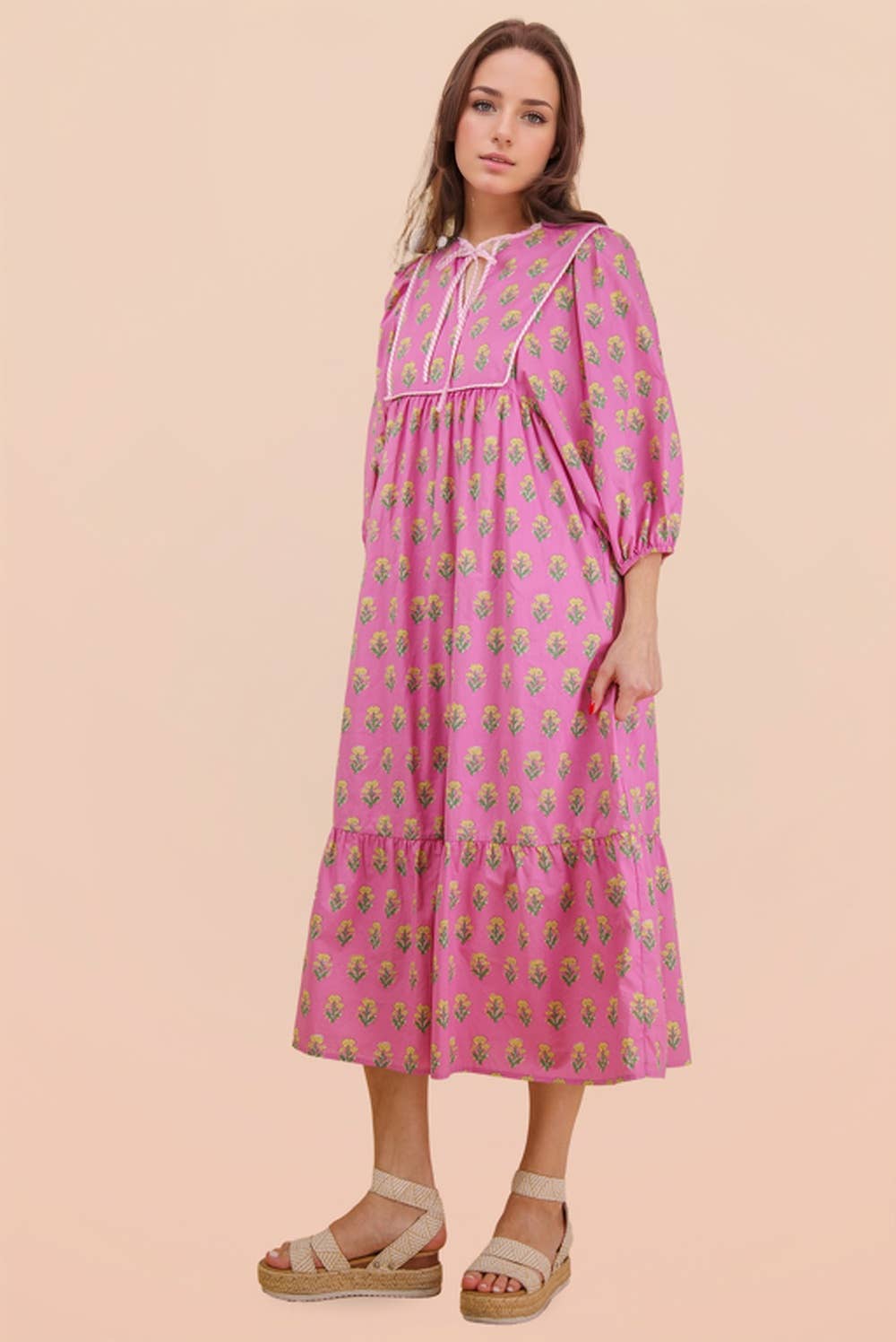 ND32007-Printed Half Sleeve Midi Dress