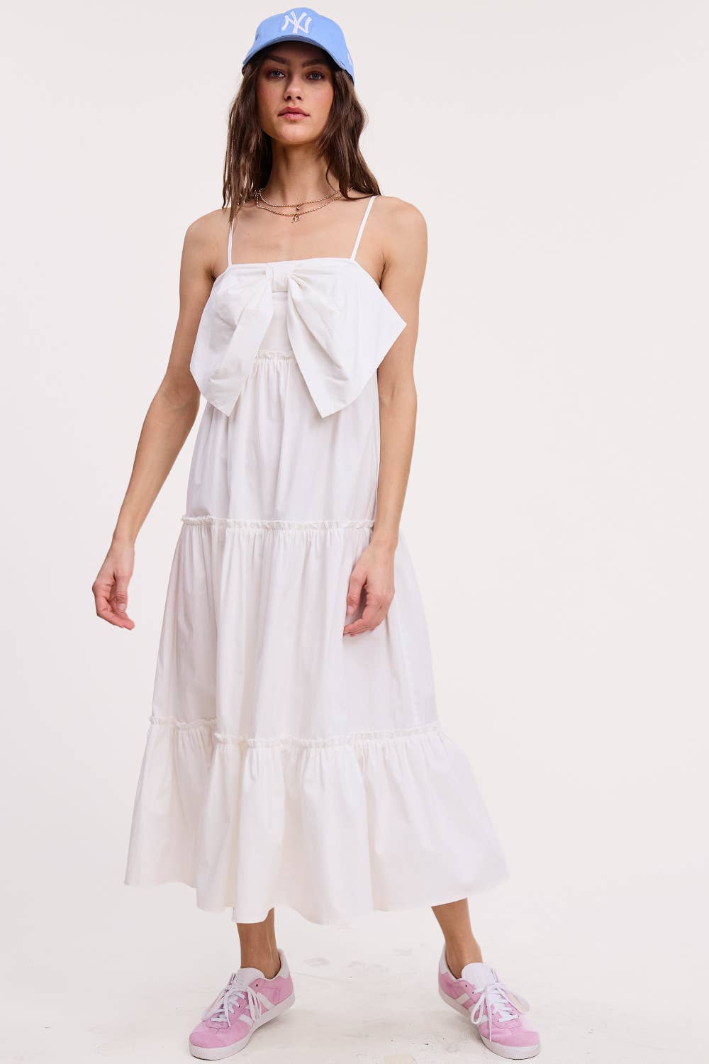 Front Bow Detail Poplin Midi Dress