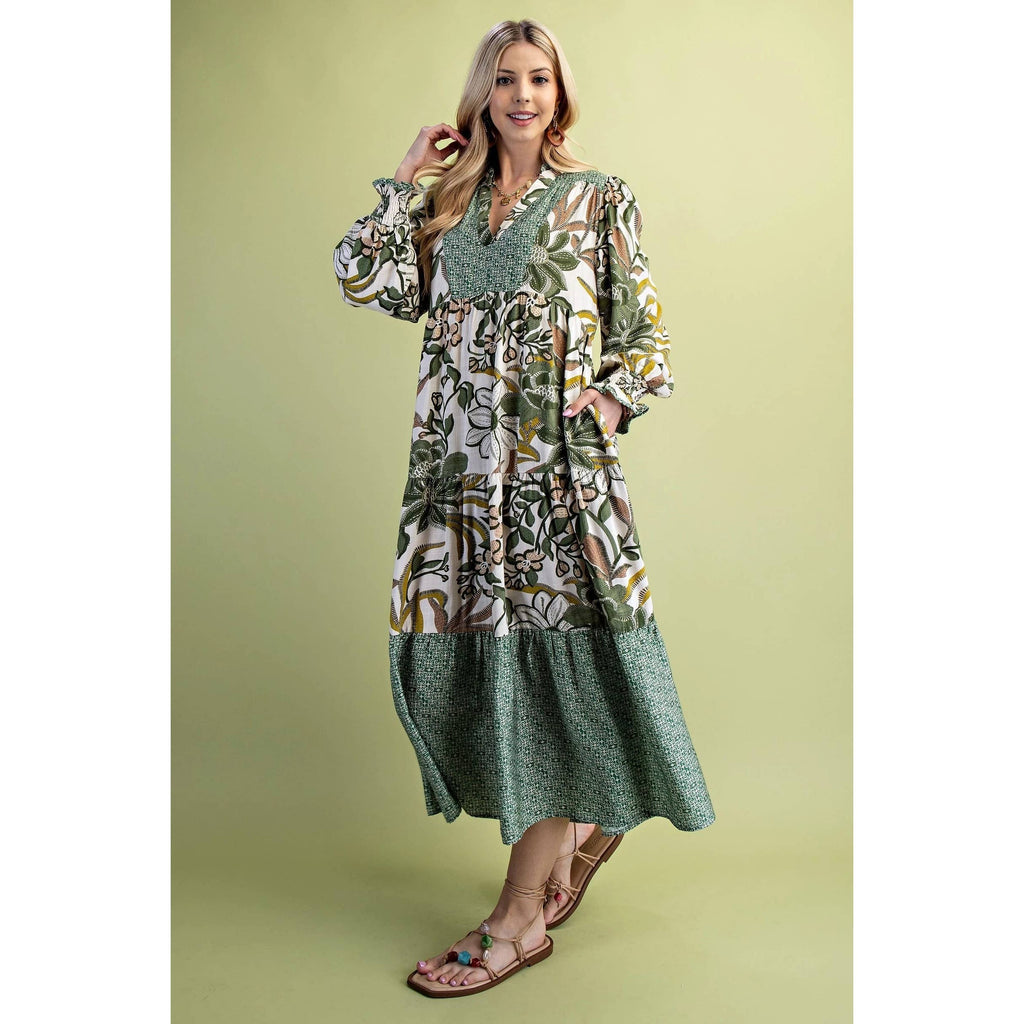 Mixed Print V-Neck Long Sleeve Tiered Midi Dress