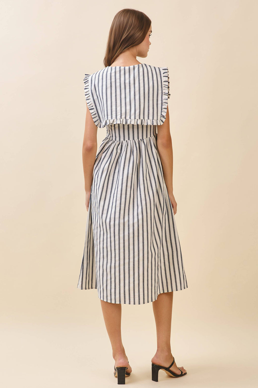 Striped Ruffled Square Collar Front Tie Midi Dress