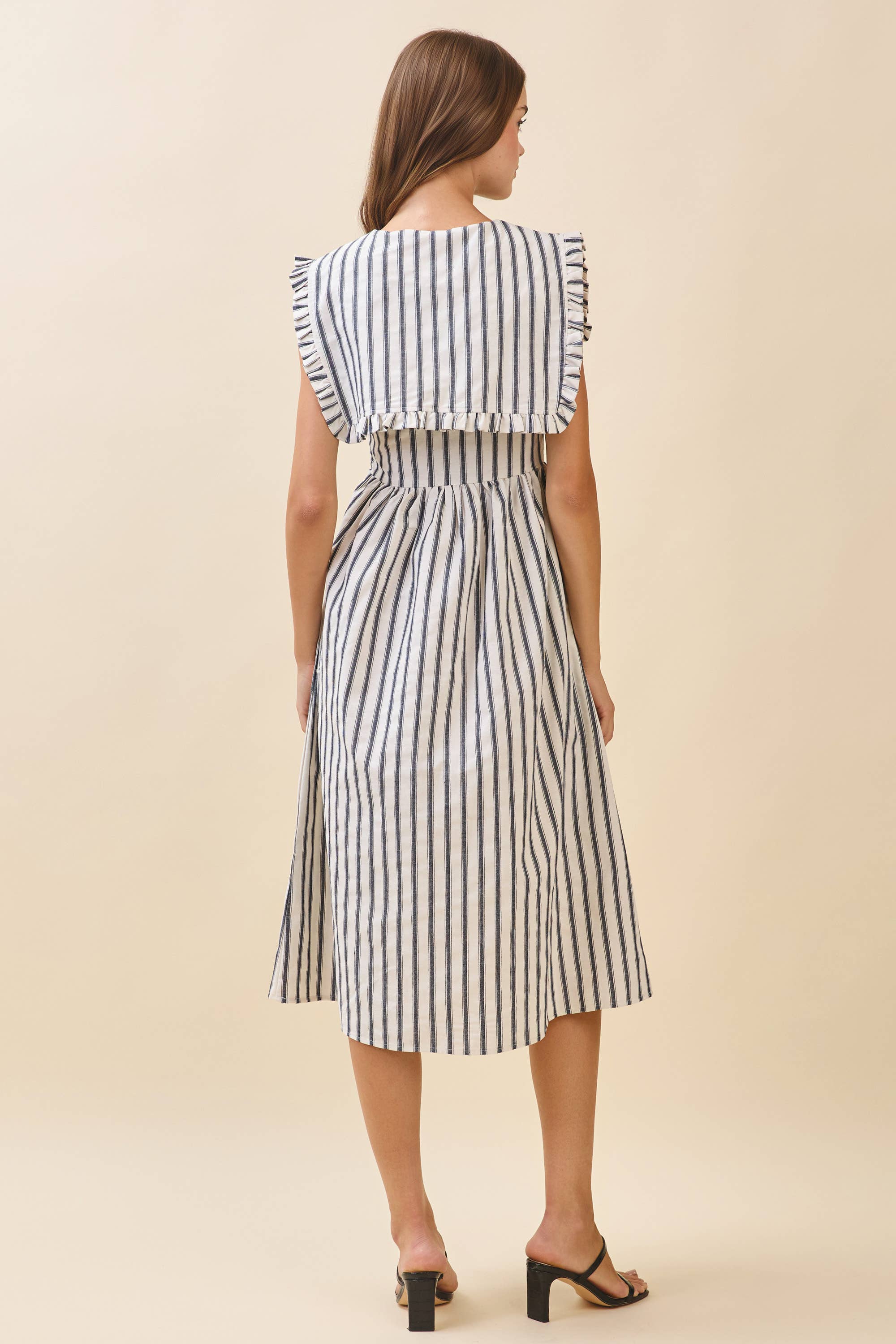 CD06036-Striped Ruffled Square Collar Front Tie Midi Dress