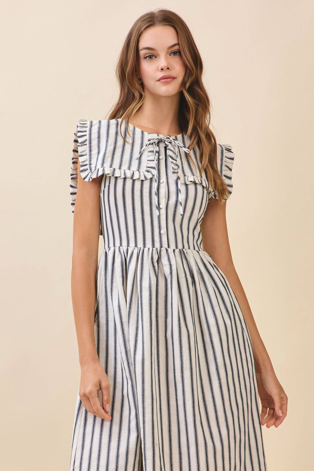Striped Ruffled Square Collar Front Tie Midi Dress