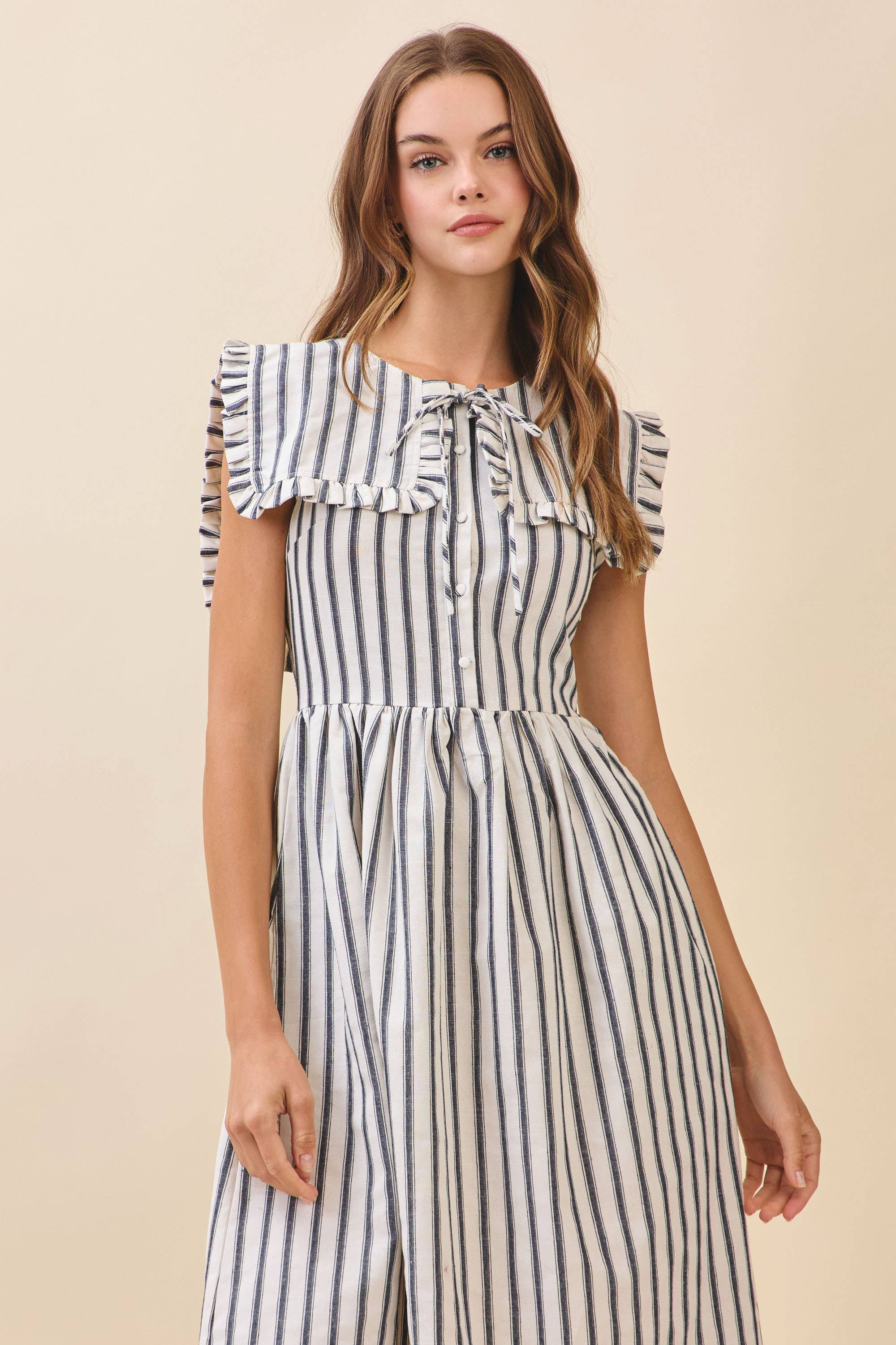CD06036-Striped Ruffled Square Collar Front Tie Midi Dress