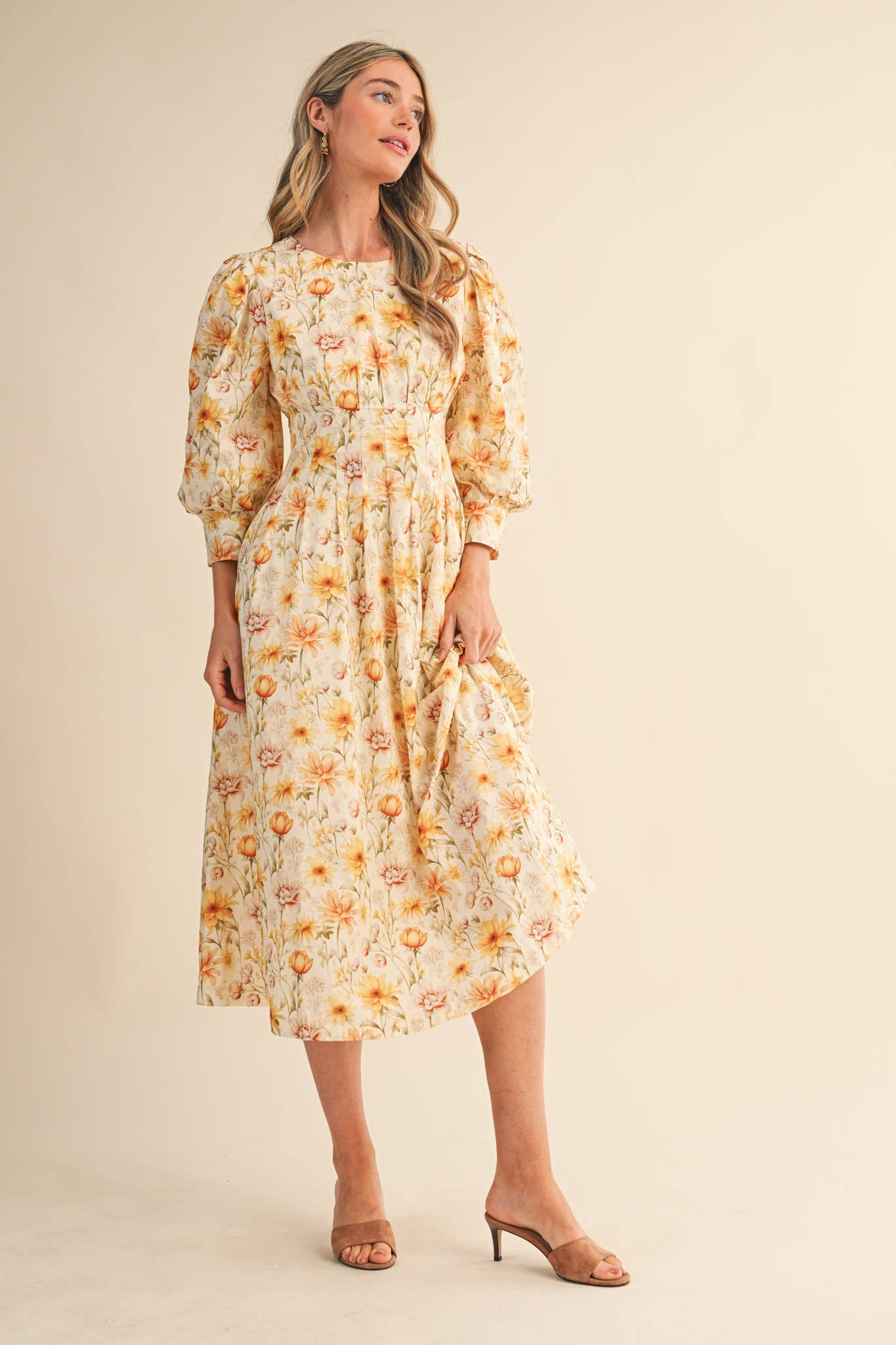 FLORAL PRINT PLEATED WAIST MIDI DRESS MDR4477