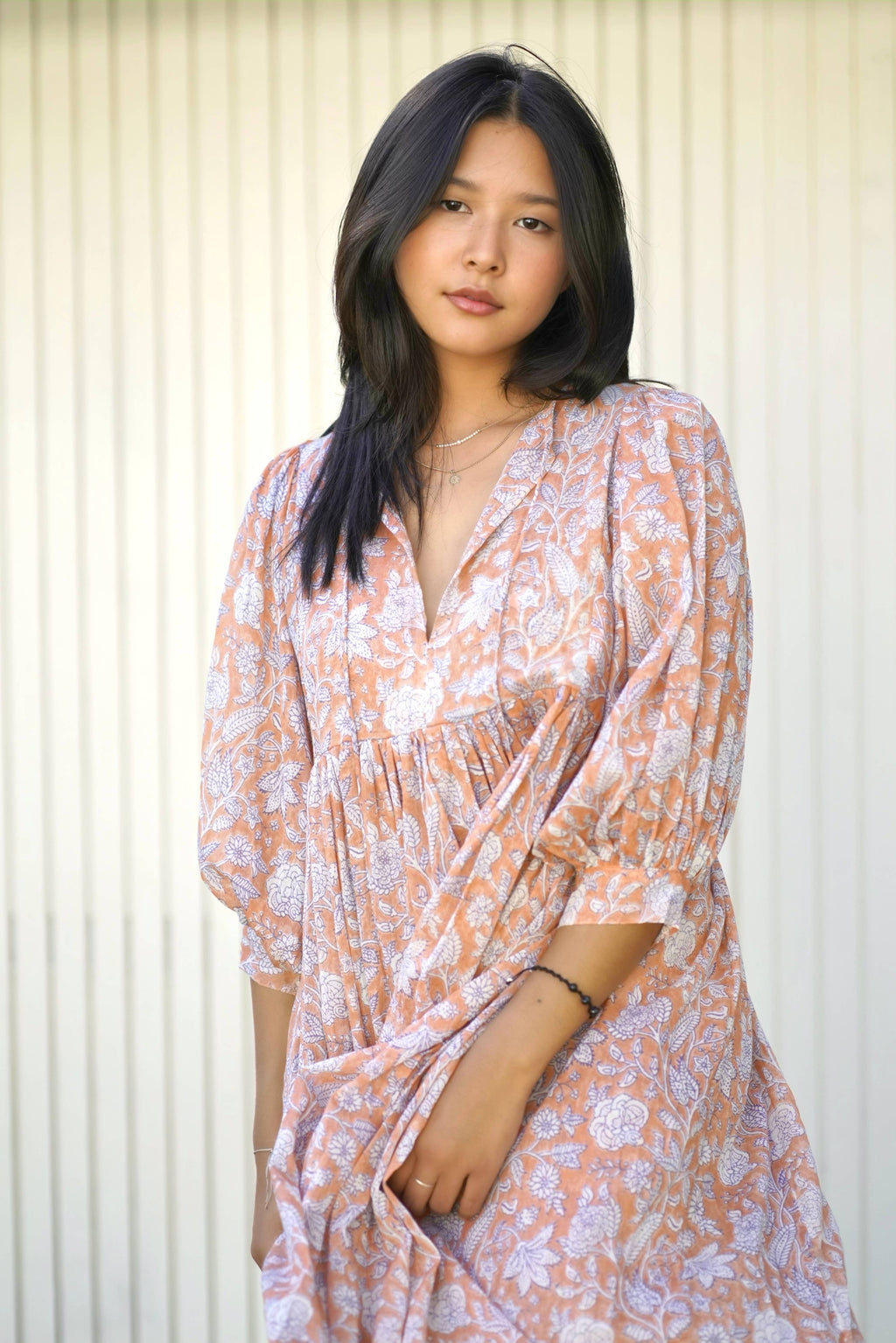 Mylah Midi Dress Block Printed Coral (Apricot)