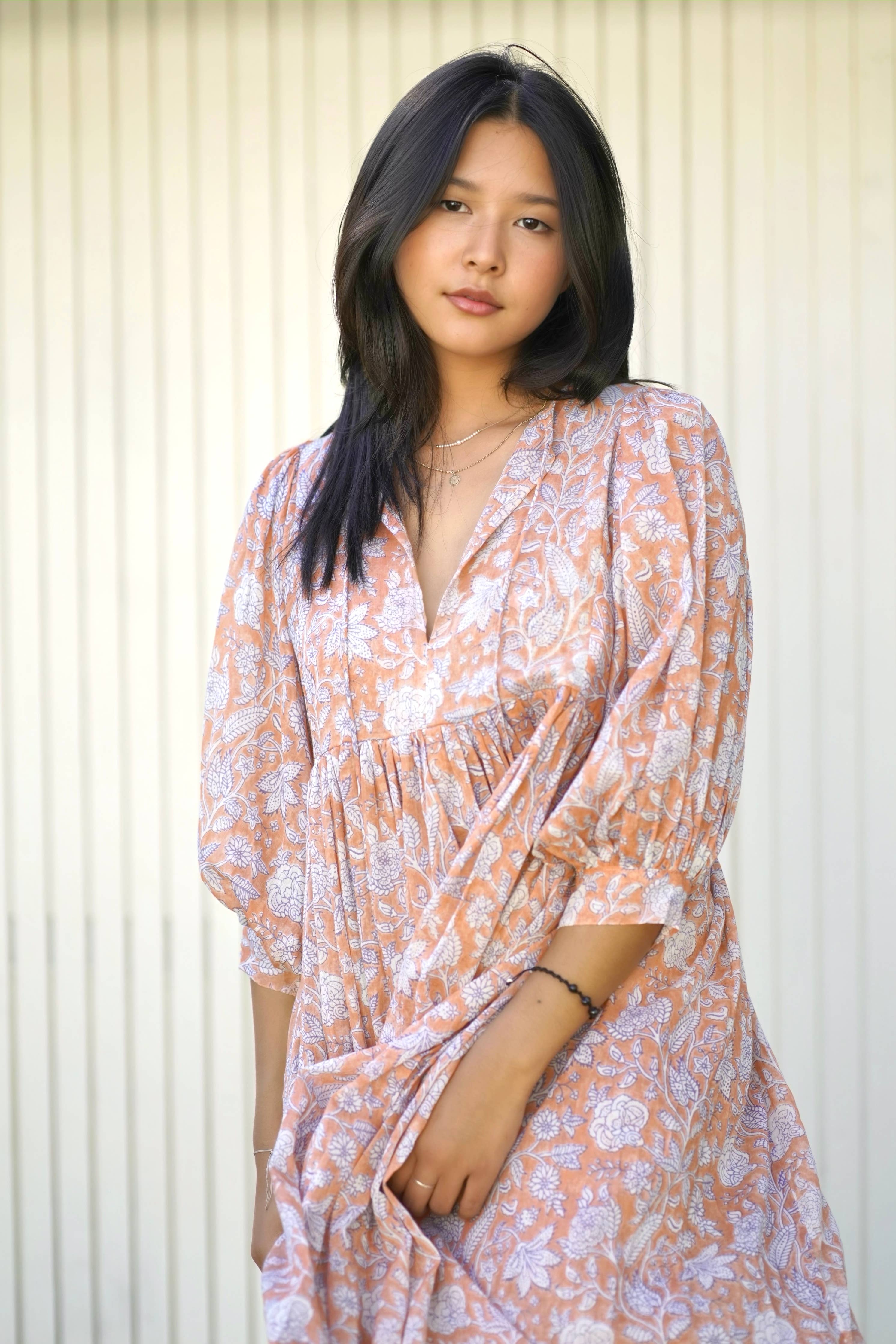 Mylah Midi Dress Block Printed Coral (Apricot)